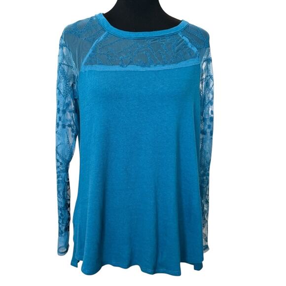 New ~ FREE PEOPLE ~ Women's Blue Sidney Embroidered Mixed Media Blouse Top Sz S - Picture 3 of 9